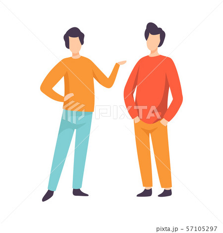 Two Young Men Dressed in Casual Clothing Standing and Talking, People Speaking to Each Other Vector 57105297