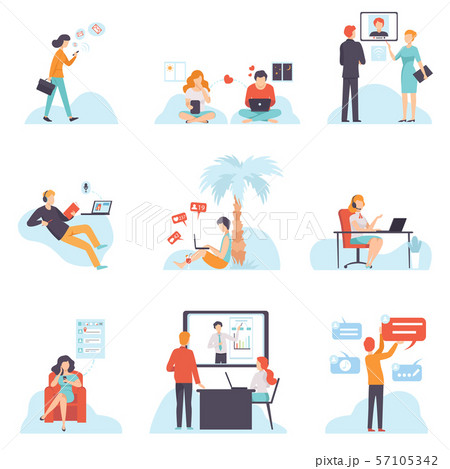 People Communicating Via Internet with Mobile Devices Set, Young Men and Women Chatting, Dating 57105342