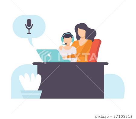 Boy and His Mother Talking Online Using Web Camera and Headphones, Distant Education Courses, Social 57105513