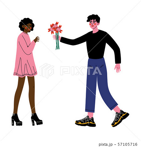 Young Man Giving Bouquet Of Flowers To Happy のイラスト素材
