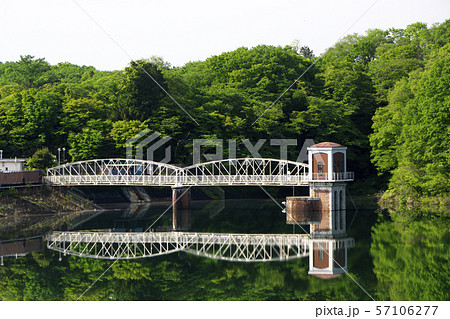 新緑の村山上貯水池の取水塔 多摩湖 新緑の村山上貯水池の取水塔 多摩湖 57106277