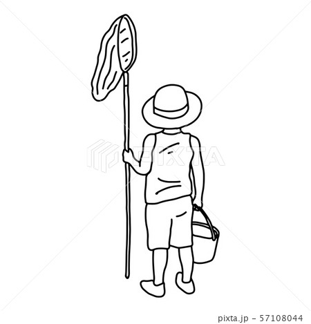 back of boy holding net and bucket vector 57108044
