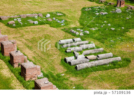 Detail of the columns at the Stadium of Domitian on the Palatine Hill in Rome 57109136