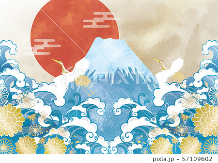 お正月素材 初日の出 富士山 浮世絵 鶴のイラスト素材