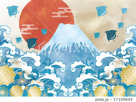 お正月素材 初日の出 富士山 浮世絵 千鳥のイラスト素材