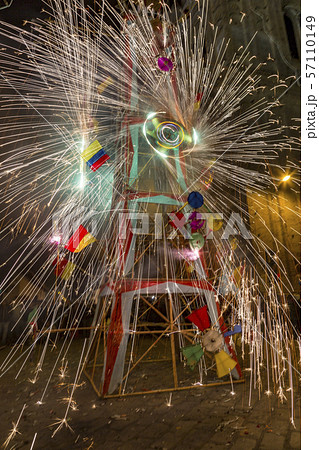Fireworks castle with pinwheels spinning 57110149