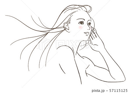 風で髪がなびく女性 線画 のイラスト素材