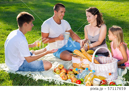 Happy young parents with two teenagers having a picnic on the countryside 57117659