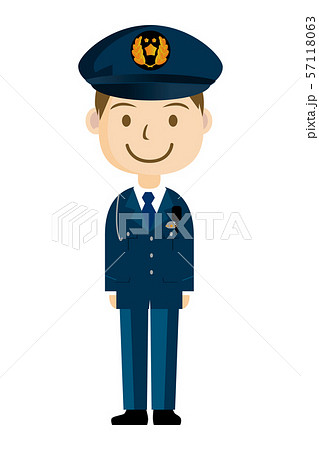 警察官 警官 お巡りさんの全身イラスト アイコン 男性 笑顔1 白背景のイラスト素材