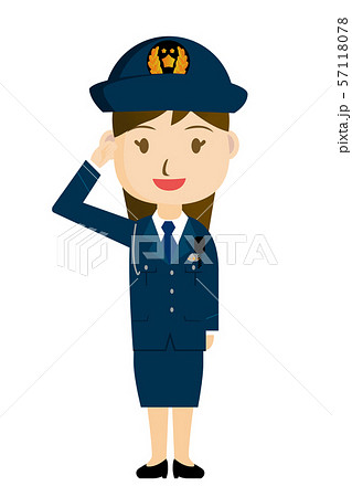 警察官 警官 敬礼をするお巡りさんの全身イラスト アイコン 女性 笑顔3 白背景のイラスト素材
