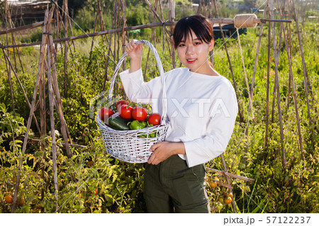 Woman holding basket full of vegetables 57122237