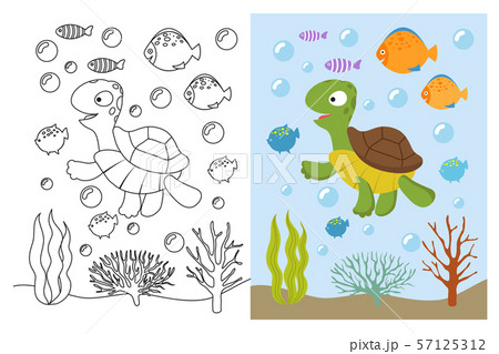 Turtle coloring pages. Cartoon swimming sea animals underwater. Vector illustration for kids Turtle coloring pages. Cartoon swimming sea animals underwater. Vector illustration for kids 57125312