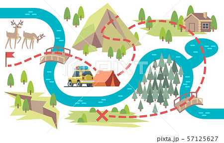 Trail map. Tourists hiking footpath from start to finish with camping location and flag. Tourist Trail map. Tourists hiking footpath from start to finish with camping location and flag. Tourist 57125627