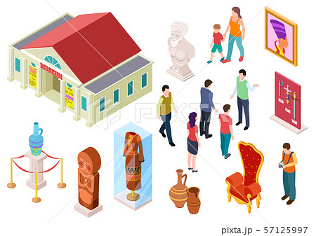 Isometric museum. Art gallery exhibition visitors sculpture and artworks. People in museums. 3d Isometric museum. Art gallery exhibition visitors sculpture and artworks. People in museums. 3d 57125997