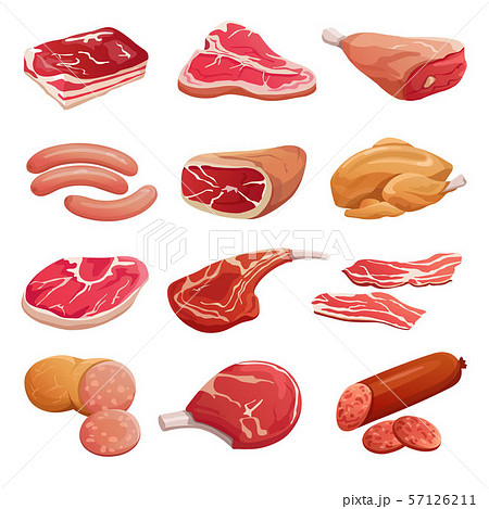 Cartoon meat set. Pork, beef and lamb raw meat products and sausages, jerky vector isolated icons 57126211