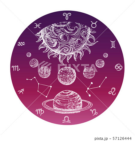 Color hand drawn astrology concept with Zodiac signs and planetary system vector illustration Color hand drawn astrology concept with Zodiac signs and planetary system vector illustration 57126444