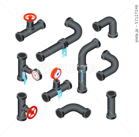 Broken pipes. Leaking water pipeline tubes. Leakage plumbing system 3d isometric vector isolated set 57127246