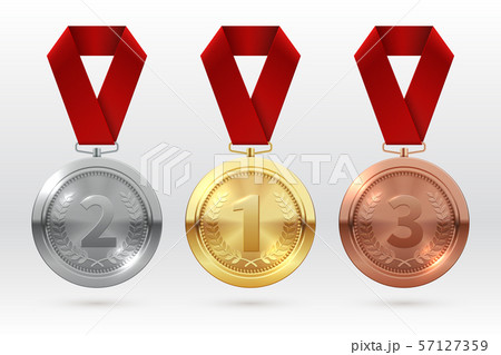 Sports medals. Golden silver bronze medal with red ribbon. Champion winner awards of honor vector 57127359