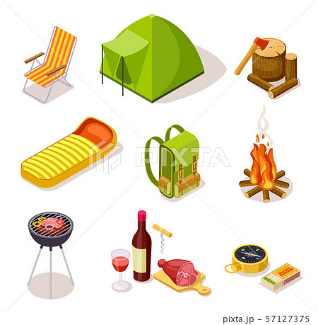 Isometric camping. Summer picnic with fireplace, tourism equipment and tent surrounded by forest Isometric camping. Summer picnic with fireplace, tourism equipment and tent surrounded by forest 57127375