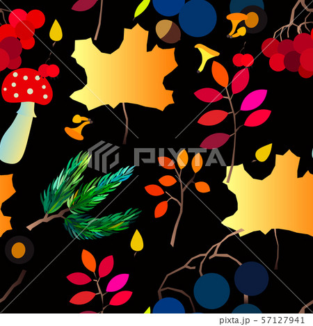 Autumn vector seamless pattern with berries, acorns, pine cone, mushrooms, branches and leaves. 57127941
