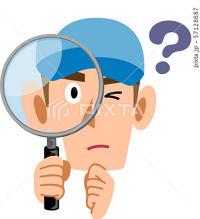疑問を持ち虫眼鏡を覗く労働者 スタッフの男性のイラスト素材