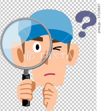 疑問を持ち虫眼鏡を覗く労働者、スタッフの男性 疑問を持ち虫眼鏡を覗く労働者、スタッフの男性 57128687