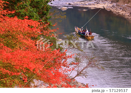 オープン船で紅葉の保津川下り 京都 嵯峨野 の写真素材
