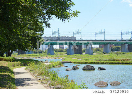 東京都世田谷区二子玉川　兵庫島公園からの田園都市線　 57129916