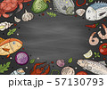 Big seafood set and vegetables on chalkboard. Hand drawn collection. 57130793