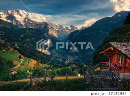 Lauterbrunnen valley in the Swiss Alps viewed from the alpine village of Wengen 57132932