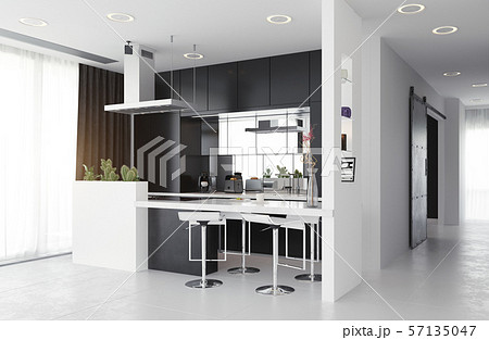 modern kitchen black&white interior. 57135047