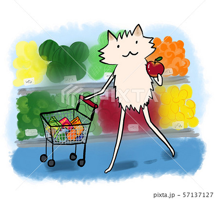 スーパーマーケットで野菜や果物など 料理の食材をお買い物中 カート のイラスト素材