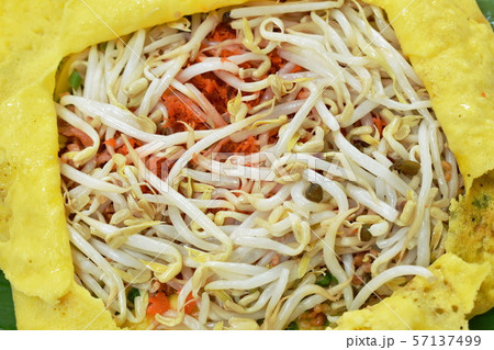 Vietnamese omelette stuffed fried bean sprout and tofu on plate dipping sweet sauce 57137499