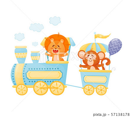Lion and a monkey ride on a train. Vector illustration on a white background. 57138178