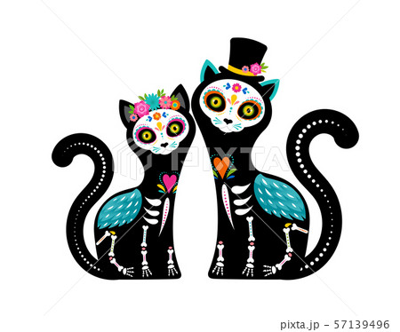Day of the dead, Dia de los muertos, cats skulls and skeleton decorated with colorful Mexican 57139496