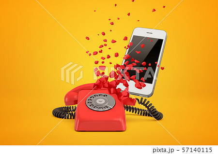 3d rendering of red wireline phone breaking in pieces and white modern smartphone behind it on amber 3d rendering of red wireline phone breaking in pieces and white modern smartphone behind it on amber 57140115