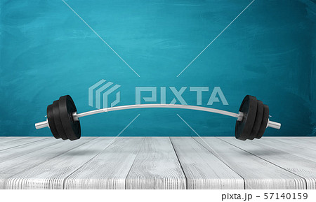 3d rendering of metal training bar-bell on white wooden floor and dark turquoise background 57140159
