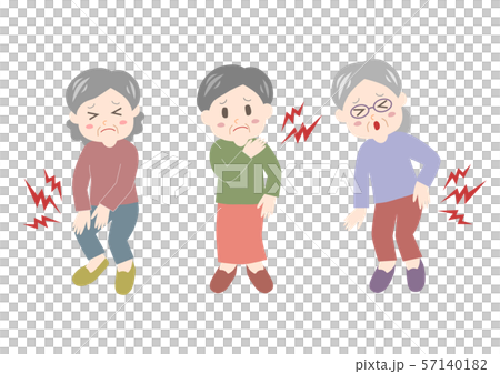 Senior woman: backache, stiff shoulders, joint pain illustration set Senior woman: backache, stiff shoulders, joint pain illustration set 57140182