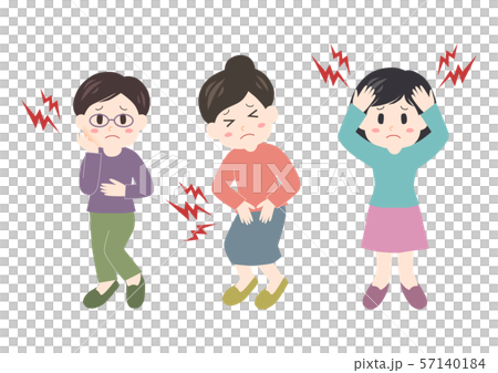 Female: Headache Abdominal pain Toothache Illustration set Female: Headache Abdominal pain Toothache Illustration set 57140184