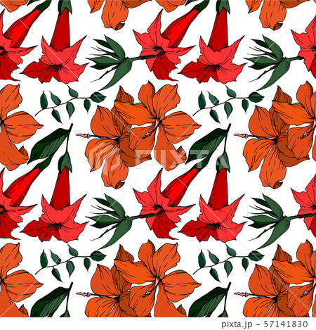 Vector Tropical flowers and leaves isolated. Black and white engraved ink art. Seamless background 57141830