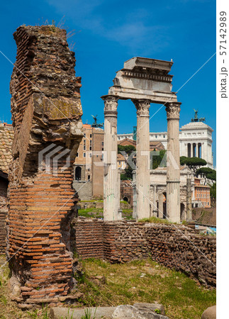 Remains of the Temple of Castor and Pollux at the Roman Forum in Rome 57142989