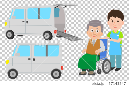 車椅子車両　男性介助者とおじいさん　イラスト 57143347
