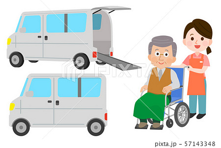 車椅子車両　女性介助者とおじいさん　イラスト 57143348