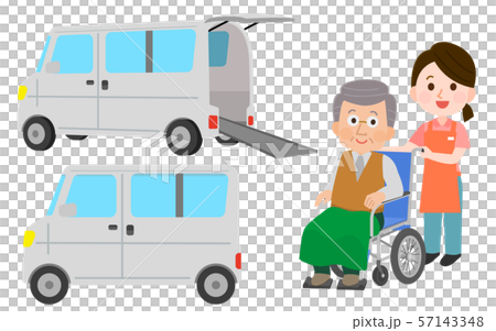 車椅子車両　女性介助者とおじいさん　イラスト 57143348