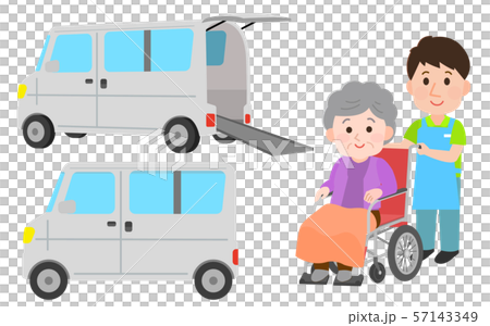 車椅子車両　男性介助者とおばあさん　イラスト 57143349