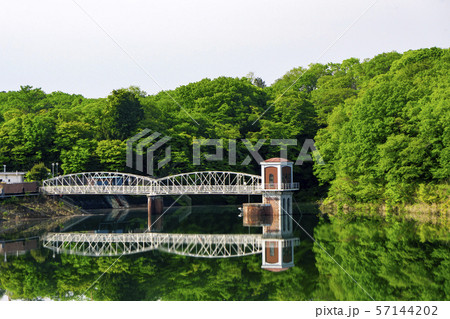 新緑の村山上貯水池の取水塔 多摩湖 新緑の村山上貯水池の取水塔 多摩湖 57144202