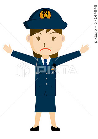 警察官 警官 制止をするお巡りさんの全身イラスト アイコン 女性 真剣な顔1 白背景のイラスト素材