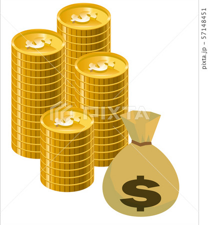ドル袋とアメリカドルのゴールドのコインのイラスト 金融 外貨預金 為替取引のイメージのイラストのイラスト素材