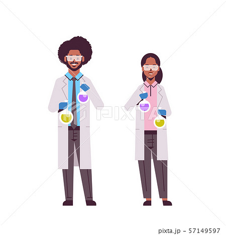 scientists couple holding test tubes with colorful liquid african american man woman in uniform scientists couple holding test tubes with colorful liquid african american man woman in uniform 57149597