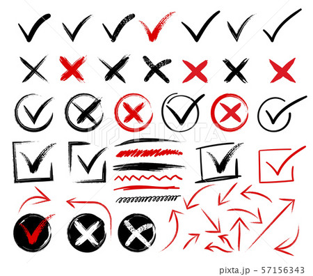 Doodle check marks and underlines. Hand drawn red strokes and pen markings V marks for list items 57156343